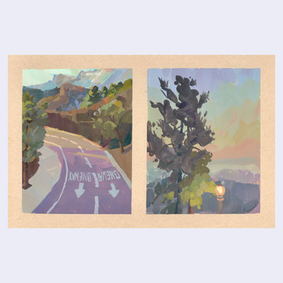 Plein air painting of 2 scenes on a single sheet of paper. Left scene is of a one way street around a bend, below the Hollywood sign. Right scene is of a tall tree next to a lamppost with the city in the background.