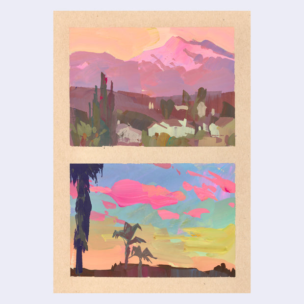 Plein air paintings depicting 2 scenes on a single sheet of paper. Top scene is of a tall mountain with houses in the foreground at sunset time. Bottom scene is of palm trees and rooftops at sunset time, with bright pink clouds.
