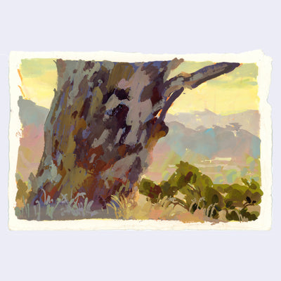 Plein air painting of a large tree trunk, with canyons in the background with a hazy yellow sky.