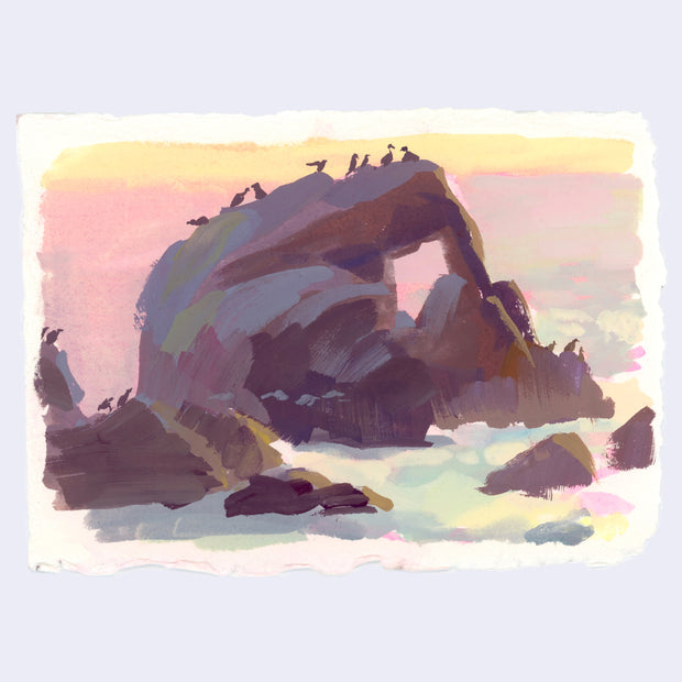 Plein air painting of a beach scene with a large rock formation at sunrise, with hazy pink and yellow skies. Several birds sit atop of the rock.