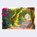 Plein air painting of a sidewalk with lots of tall, overgrown bushes lining it. A tunnel of greenery is at the end of the sidewalk.