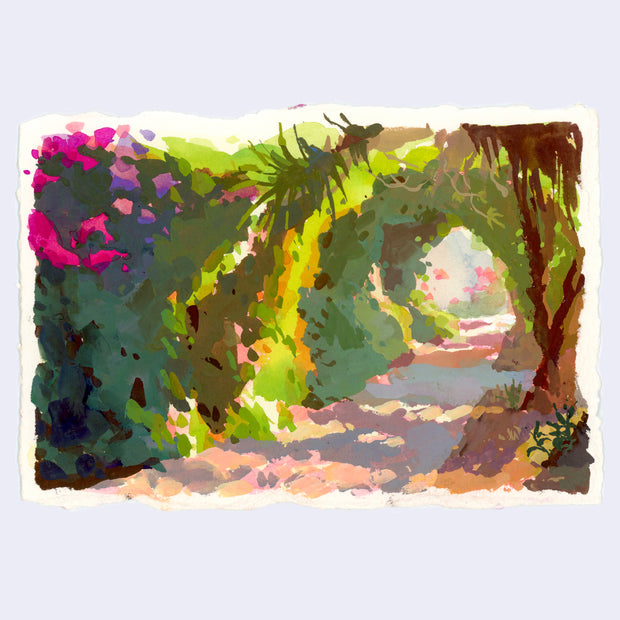 Plein air painting of a sidewalk with lots of tall, overgrown bushes lining it. A tunnel of greenery is at the end of the sidewalk.