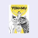Book cover, primarily white with two large yellow circles on top and bottom of cover. Black and white illustrations of two cats, with a small man standing between them and a happy woman popping out of the top of the cats.