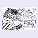 Page example, black and white panel comic of a cat biting a hand after being pet.