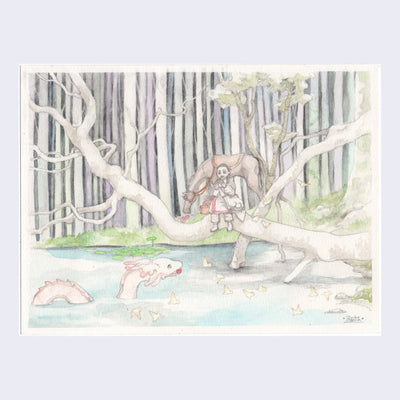 Illustration of a young person sitting on a branch that extends over a body of water, eating a sandwich. Behind, a horse grazed and underneath the branch, a dragon swims in the water with an apple in its mouth. Behind the scene is dense forest. Illustration maintains a soft visual effect and light colors.