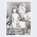 Soft graphite illustration of a woman in a white dress sitting with fruit in her lap. In front of her is an assortment of different plants and fruits and behind her are large parakeet like birds.