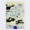 Blue ballpoint pen on yellow lined paper of a floral arrangement, with many large fish swimming by. At the bottom is a blue blob with human eyes sitting amongst many flowers.