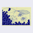 Blue ballpoint pen on yellow legal paper of a sea of worm like creatures. A character floats in water with two koi fish nearby.