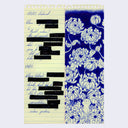 Blue ballpoint ink drawing on yellow legal paper, next to various lines of notes. Some of the notes are blacked out and the illustration of many flowers growing and a small character sitting in the middle.