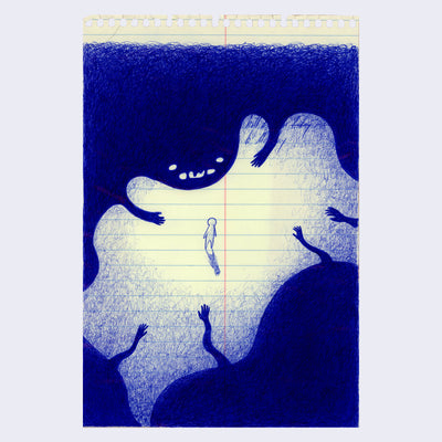 Dark blue ballpoint pen drawing on yellow legal paper of a large blob creature, with many arms encircling a small character.