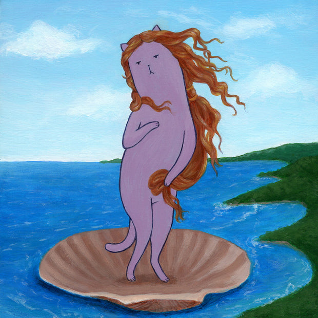 Painting of a cartoon purple cat with a serious expression standing in a shell with long flowing hair. Their hands softly cover parts of their body, mimicking the Birth of Venus by Botticelli. Background is an ocean cove with a bright sky.