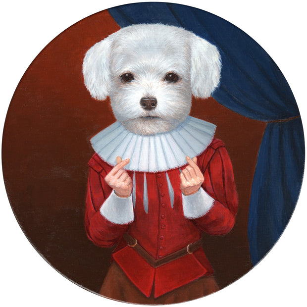 Finely rendered painting of a white fluffy dog's head over a Elizabethian era human's body. They wear a fluffy Shakespearian collar, a red shirt and brown pants. Their hands are both in the snapping position.