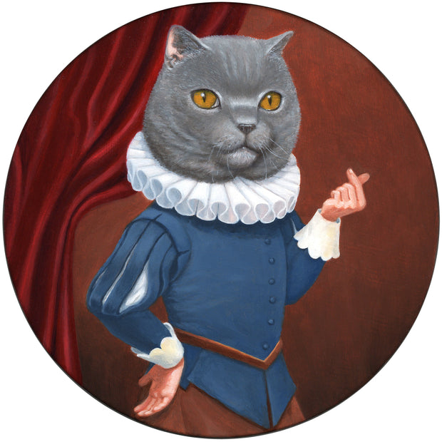 Finely rendered painting of a realistic fluffy grey cat, with a human body. It wears an Elizabethian outfit, with a white collar and blue shirt, standing with one hand resting on its side and the other in a snap position. Behind is a flowy red curtain.