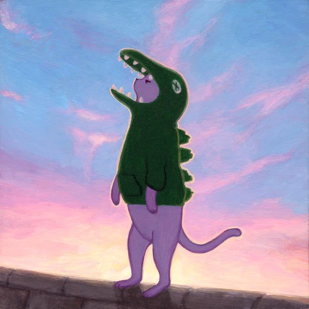 An illustrated purple cat with a solemn expression, looking off while wearing a green dinosaur costume that covers their head and upper body. They are standing on a rock wall, with the sunset behind them illuminating their figure.