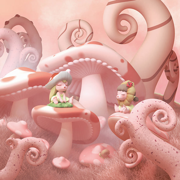Two of the Whispering Forest figure designs, situated in a whimsical pink mushroom forest. One figure is blind with a red mushroom hat, sitting on a grass mound with her eyes closed. The other is sitting in a similar fashion, with a yellow daisy around her head like a lion's mane and a red ladybug on it.