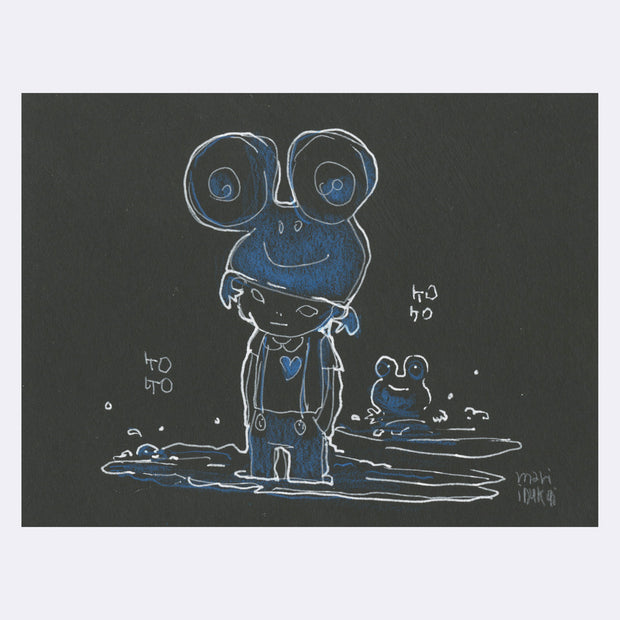 White ink and blue color pencil on black paper of a girl in suspenders standing in a pond. Atop her head is a large cartoon frog hat and behind, in the pond is a small frog.
