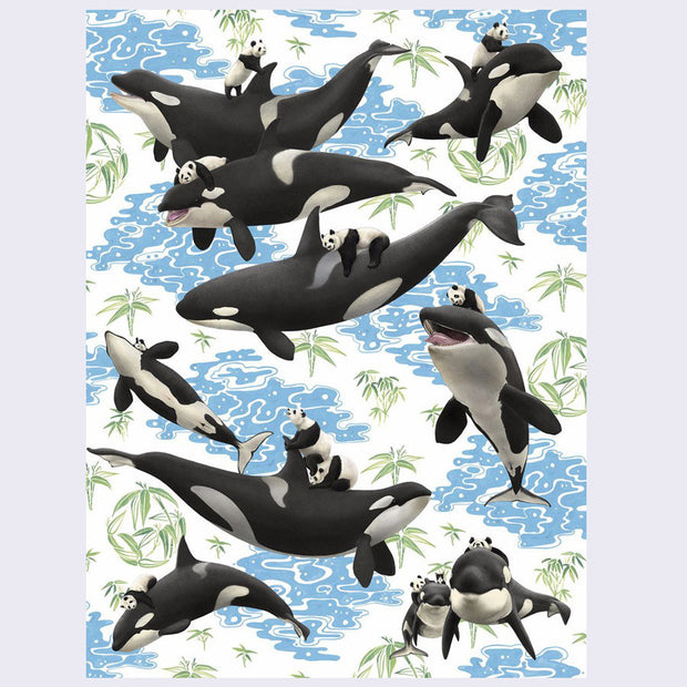 Color illustration resembling a pattern, with multiple small pandas riding larger orca whales. Background is white with blue water accents and green bamboo leaf accents.