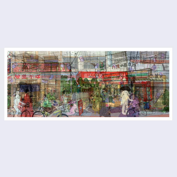 Illustration of a very busy street scene, overlaid to look like a double exposure photo. Street is similar to a Japanese street, with shops, vending machines and many telephone wires.