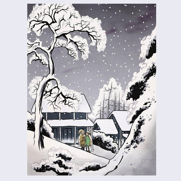 Illustration of a gray and white snowing winter scene, with a couple standing in the middle. Small bunny figures arise out of the snow.