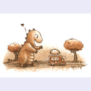 Sepia colored watercolor illustration of a cutesy Godzilla, smiling and chasing after a taco truck on a open street with two trees.
