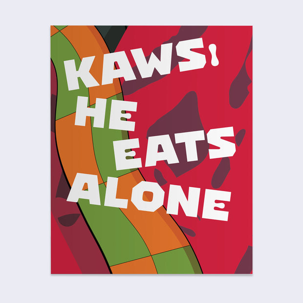 Book cover, "Kaws: He Eats Alone" is written in bold white font over a close up patterned background with red and burgundy spots and a wavy strip of orange and green checkered pattern.