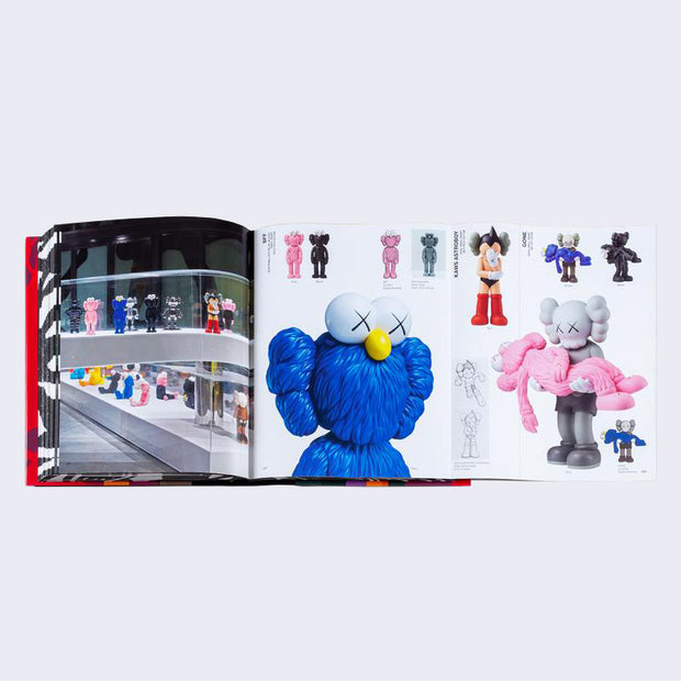 Open two page book spread with fold out page, featuring photographs of various colored and designed Kaws sculptures.