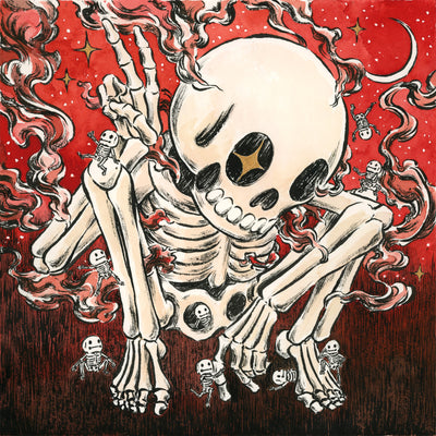 Watercolor illustration of a large, crouching skeleton with steam coming off of it and smaller skeletons crawling within it. Background is a bright, deep red with gold sparkle accents.