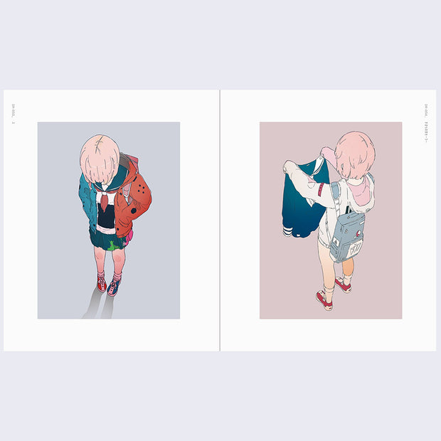 Open two page book spread. Two overhead illustrations of characters with short pink hair in street clothes.
