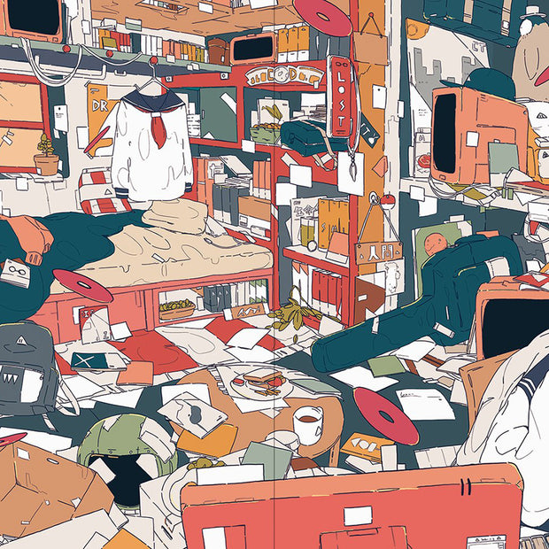 Close up of two page spread. An anime style illustrated room with many papers, clothes and boxes scattered all over it.