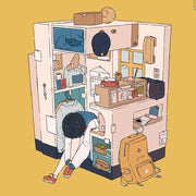 Page excerpt, illustration of a somewhat neat bedroom confined to a cube shape, with a person leaning down to put their shoes on.