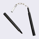 Black pen with a chain attached to its cap, which connects it to another pen such as a nunchuck.