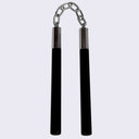 Black pen with a chain attached to its cap, which connects it to another pen such as a nunchuck.
