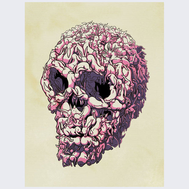 Illustration of a human skull made up of a countless number of pink rabbits, on a cream colored background. 