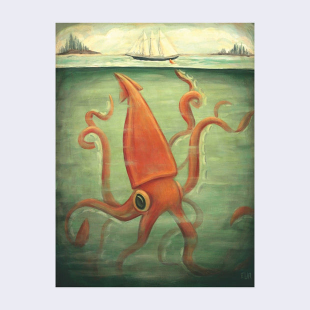 Puzzle featuring an illustration of a large orange squid like creature directly under a small boat that floats up above.