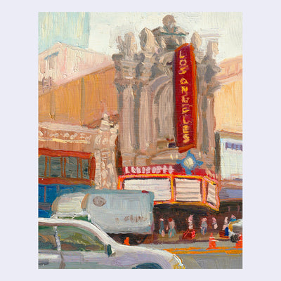 Plein air painting of a extravagant theater with a big sign that reads "Los Angeles" along the side.