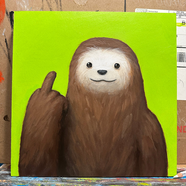 Painting of a simplified, stylized brown sloth with a slight smile and holding up a hand, which has the middle finger up. Brush strokes are soft background is a solid lime green. 