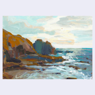 Plein air painting of a beach scene, with talk rock formations and calm waves rolling up to shore.