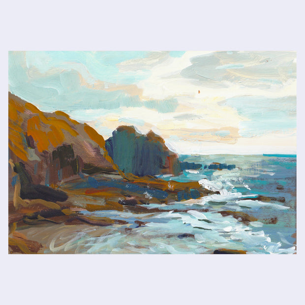 Plein air painting of a beach scene, with talk rock formations and calm waves rolling up to shore.