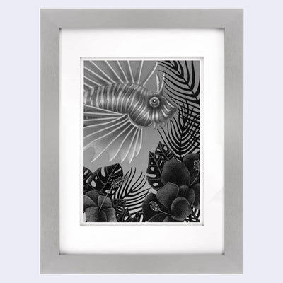 Softly rendered graphite and ink illustration of a realistic lionfish, swimming over various plants and hibiscus flowers. Piece is in a grey frame with a white mat.