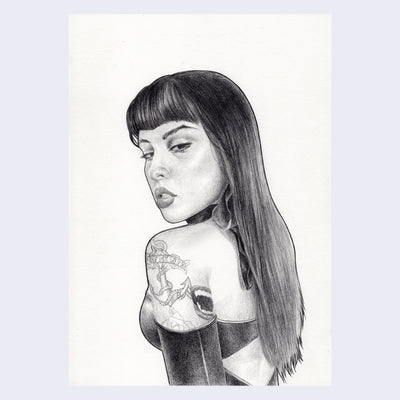Softly rendered but boldly outline portrait of a woman with long black hair and straight bangs, looking over her tattooed shoulder. She has a fierce expression on her face with her lips parted slightly.