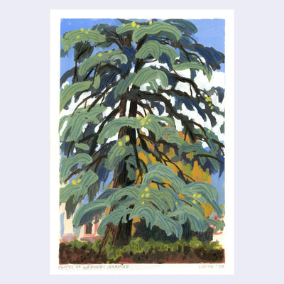 Plein air painting of a large tree with striped green leaves.
