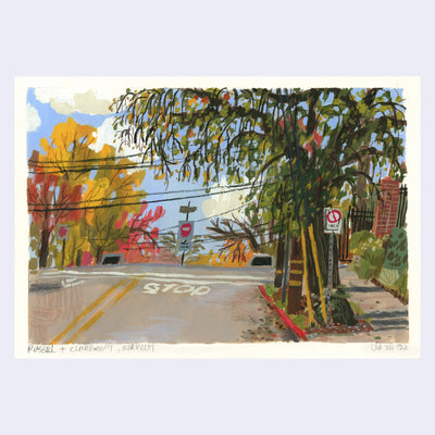 Plein air painting of an empty street during fall, with a large tree leaning out over the street. 