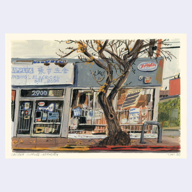 Plein air painting of a city sidewalk with 2 businesses, one being a True Value and the other being a plumbing and electrical supply store. A large bare tree stands in front.