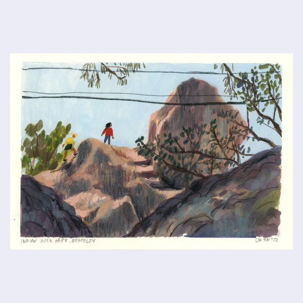 Plein air painting of a large rock formation with steps etched into the side. 2 people hike up the rock, with telephone wires going across the top.