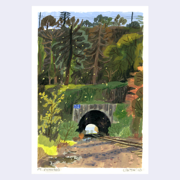 Plein air painting of a train tunnel with lots of greenery atop of it, including trees. Yellow leaves fall surrounding the piece.