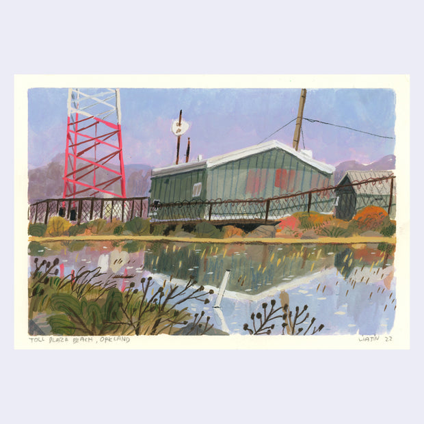Plein air painting of a large green warehouse style building and a tall red communications tower, behind barbed wire fence. A lake stands in front.