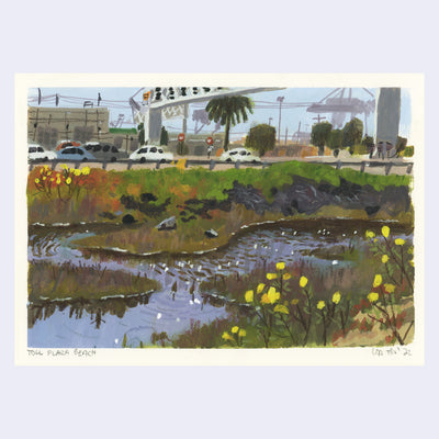 Plein air painting of a marshy waterway, off the side of a busy road with many white cars. 