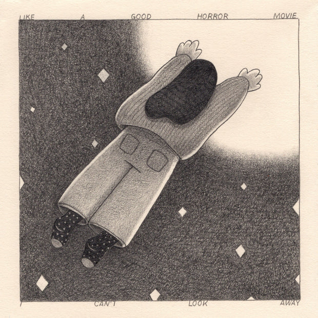 Graphite drawing on cream colored paper of the back view of a girl with long hair, a baggy sweater, large jeans and polka dot socks, extending her arms and floating towards a bright light source, with the rest of the image shaded in with pencil. Text around the piece reads "Like a good horror movie I can't look away"