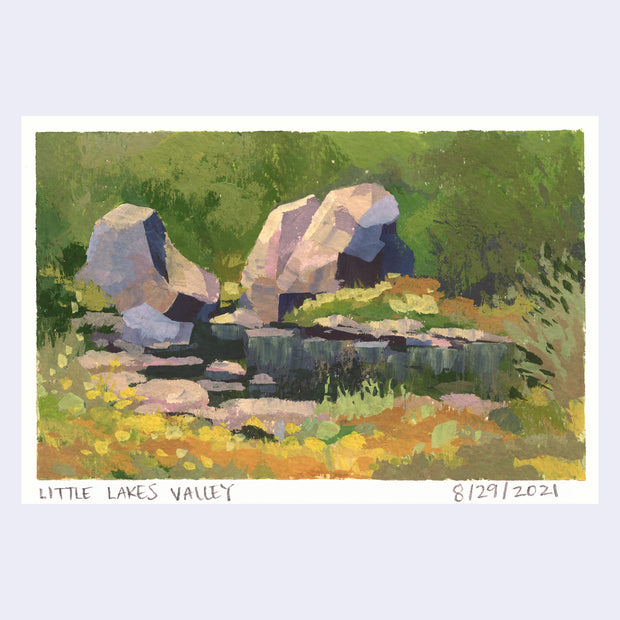 Plein air painting of a small pond with rocks surrounding it and greenery that is mostly a deep yellow brown with yellow flowers and some sparse green.