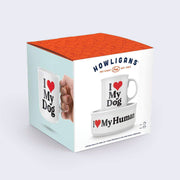 Product packaging for matching white mug and dog bowl. The mug has plain text that reads "I (Heart) My Dog" and the dog bowl has the same text and reads "I (heart) My Human."